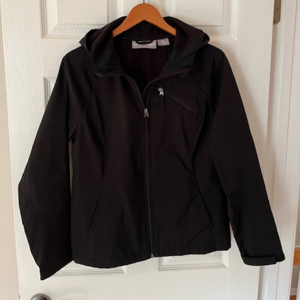 FREE TECH | Women's Softshell Jacket Black Hooded Zip Up Athletic Sz 8-10 -EUC - Picture 2 of 14